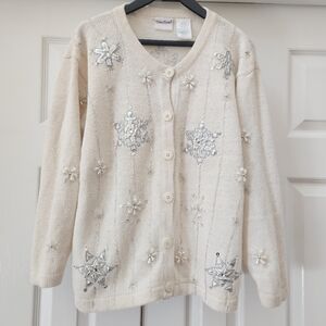 Vintage Ivory Snowflake Beaded Ugly Christmas Cardigan Sweater